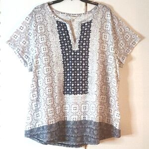 Lucky Brand Women Boho Grey/ Blue /White Short Sleeve Top. Cotton. Size 2X
